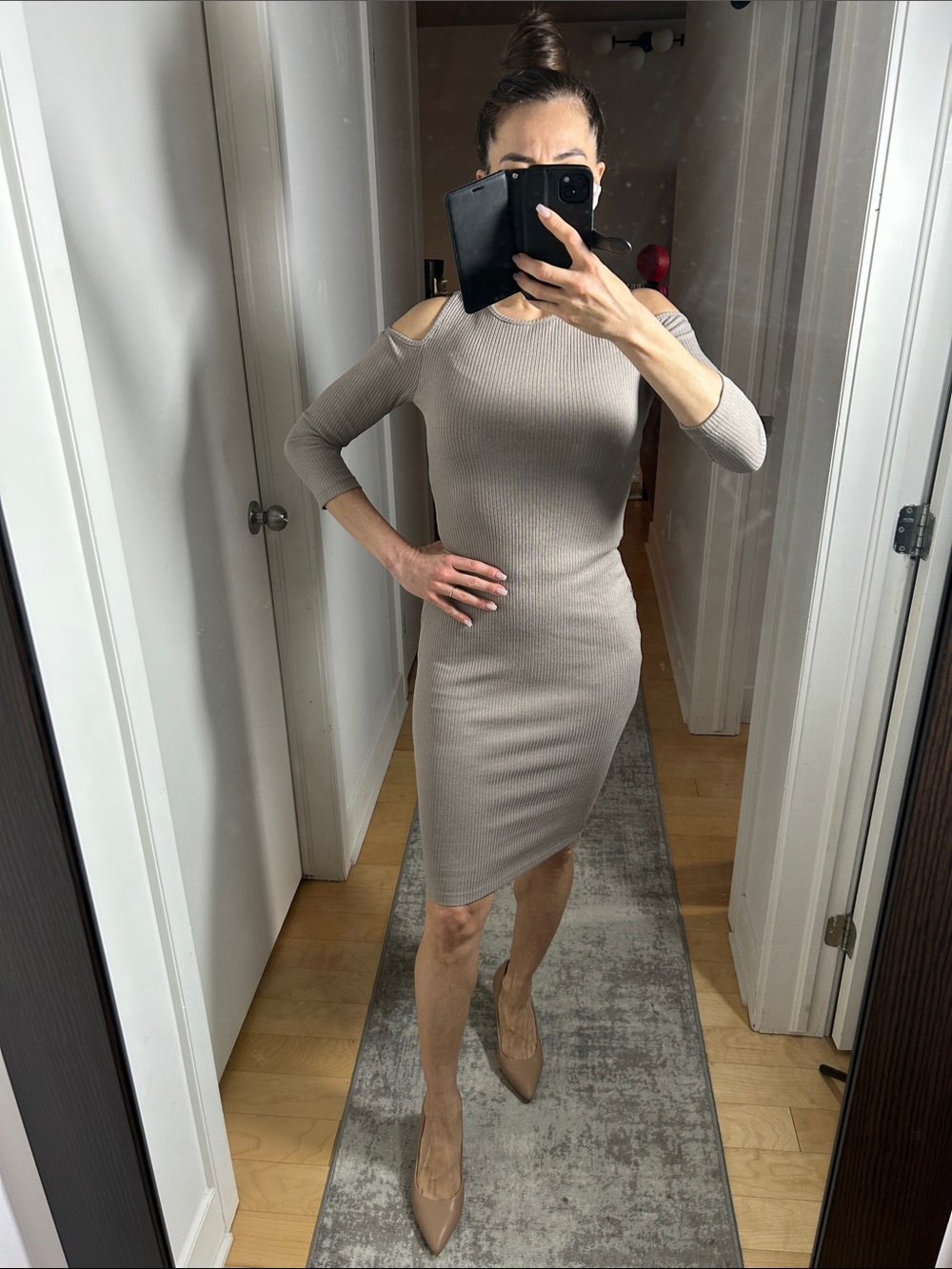 Dynamite Stretchy Peekaboo Shoulder Dress | 3/4 Sleeve Bodycon